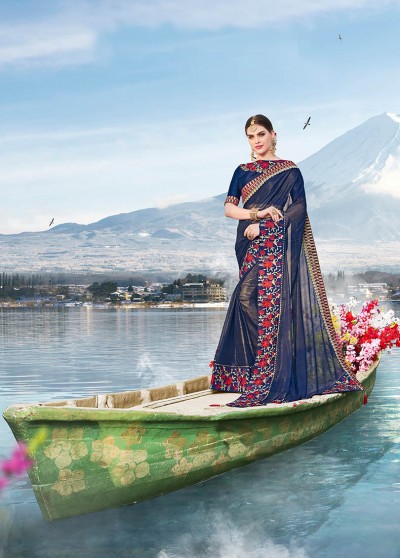 Blue Silk Heavy Bordered Saree with Embellishments