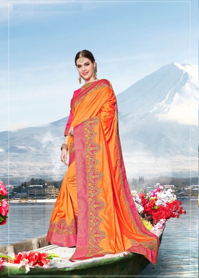 Saffron Silk Heavy Bordered Saree with Embellishments