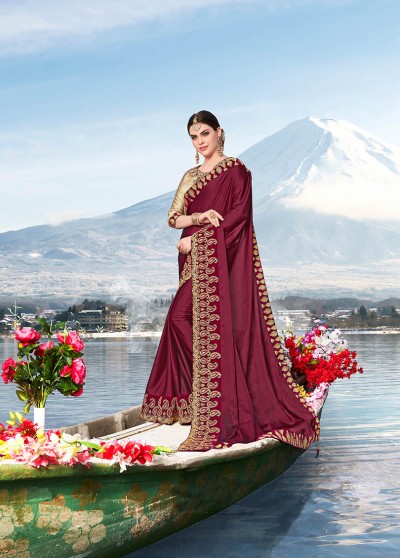 Burgundy Silk Heavy Bordered Saree with Embellishments