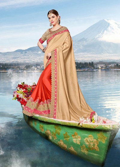 Orange-Beige Silk Heavy Bordered Saree with Embellishments
