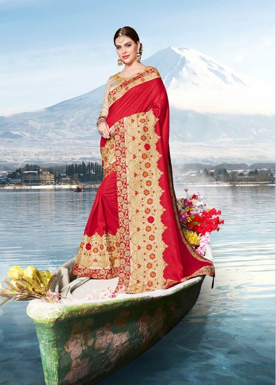 Red Silk Heavy Bordered Saree with Embellishments