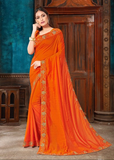 Orange Silk Elegant Bordered Saree with Embellishments