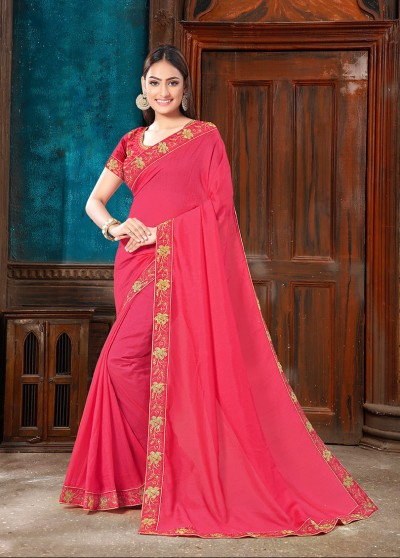 Pink Silk Elegant Bordered Saree with Embellishments