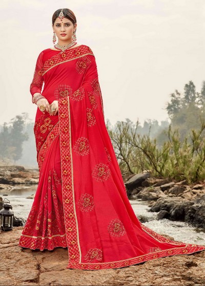 Red Silk Designer Embroidered Saree with Embellishments, Border