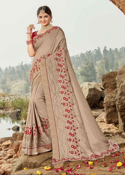 Beige Silk Designer Embroidered Saree with Embellishments, Border