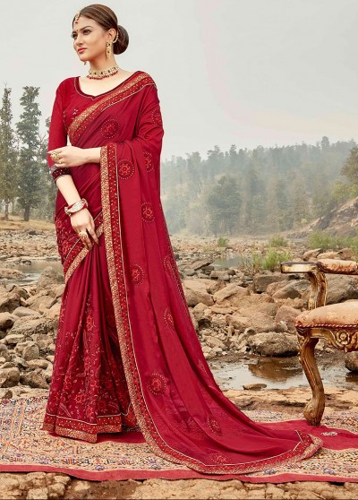 Maroon Silk Designer Embroidered Saree with Embellishments, Border
