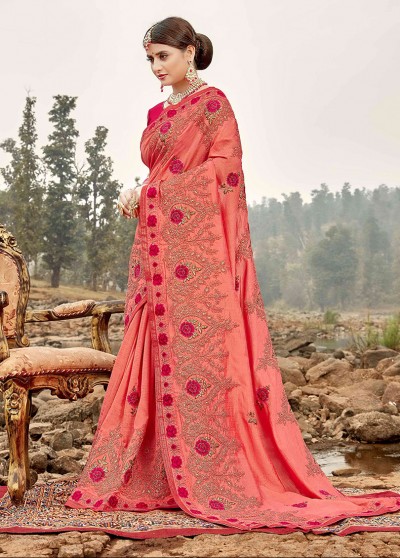 Pink Silk Designer Embroidered Saree with Embellishments, Border