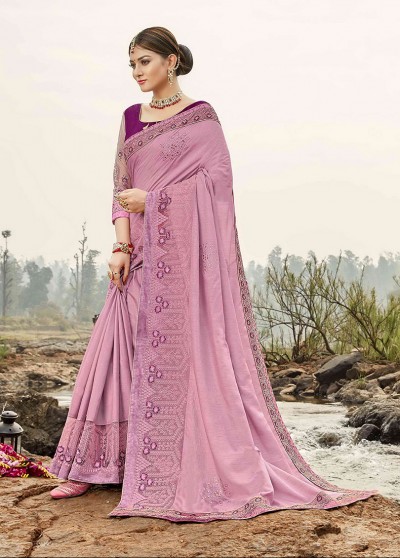 Purple Silk Designer Embroidered Saree with Embellishments, Border