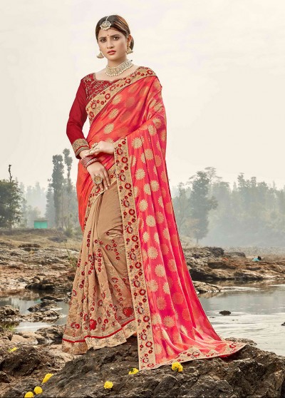 Beige-Pink Silk Designer Embroidered Saree with Embellishments, Border