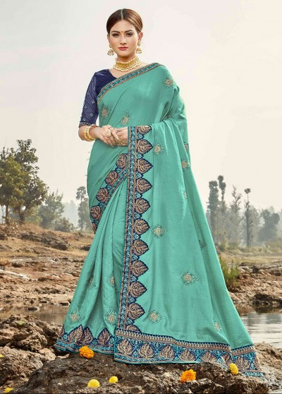 Blue Silk Designer Embroidered Saree with Embellishments, Border