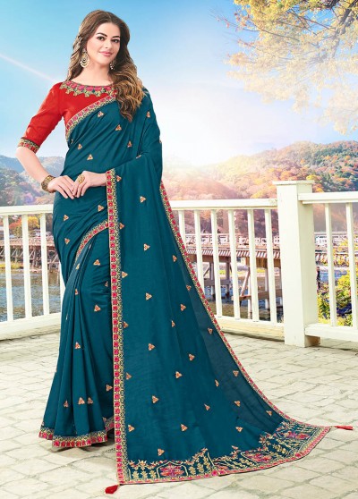Blue Silk Designer Embroidered Saree with Embellishments, Border