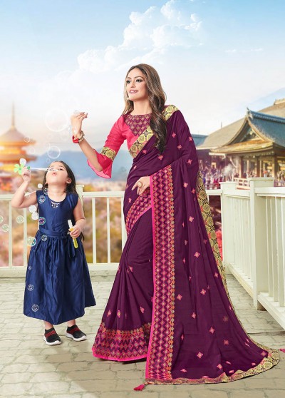 Purple Silk Designer Embroidered Saree with Embellishments, Border