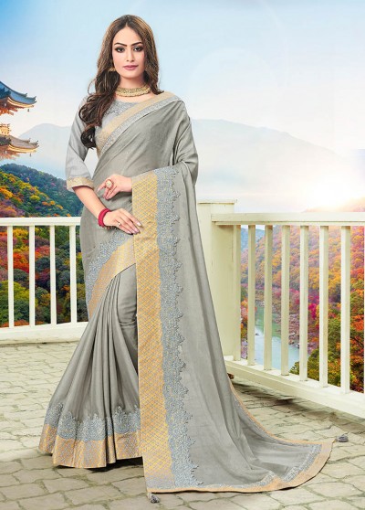 Grey Silk Designer Embroidered Saree with Embellishments, Border