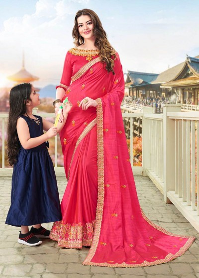 Pink Silk Designer Embroidered Saree with Embellishments, Border