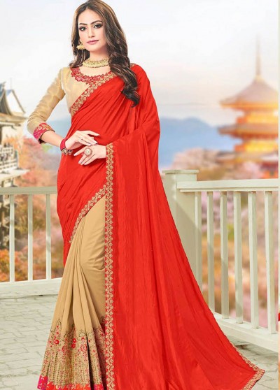 Beige-Red Silk Designer Embroidered Saree with Embellishments, Border