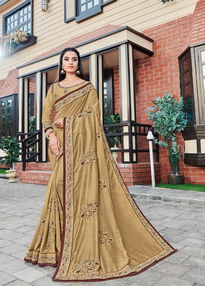 Beige Silk Designer Embroidered Saree with Embellishments, Border