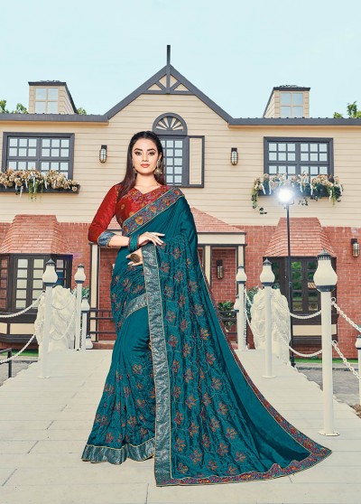 Blue Silk Designer Embroidered Saree with Embellishments, Border