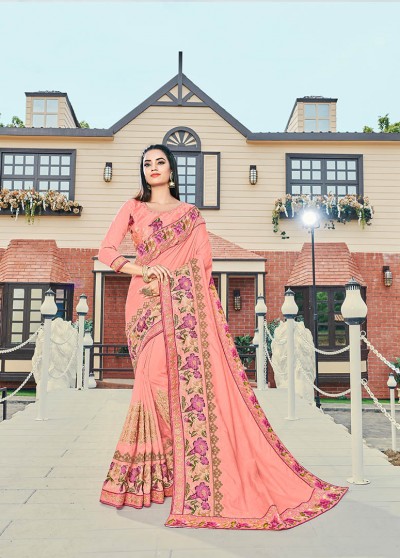 Pink Silk Designer Embroidered Saree with Embellishments, Border