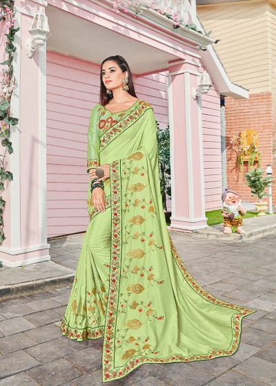 Green Silk Designer Embroidered Saree with Embellishments, Border