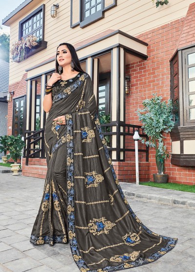 Brown Silk Designer Embroidered Saree with Embellishments, Border