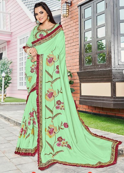 Green Silk Designer Embroidered Saree with Embellishments, Border