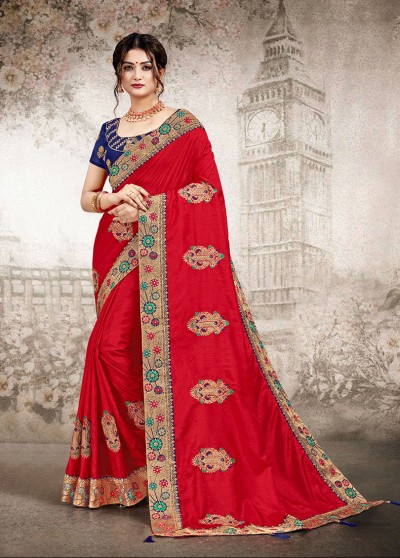 Red Silk Designer Embroidered Saree with Embellishments, Border