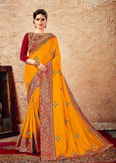 Yellow Silk Designer Embroidered Saree with Embellishments, Border