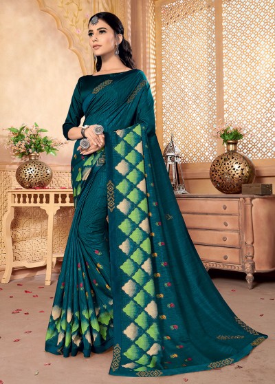 Blue Silk Designer Party wear Foil Printed Saree with Border