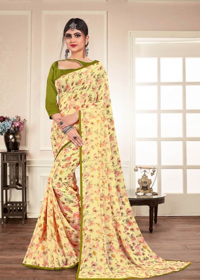 Yellow Silk Floral Printed Saree with Border 