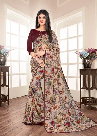 Brown Silk Floral Printed Saree with Border 