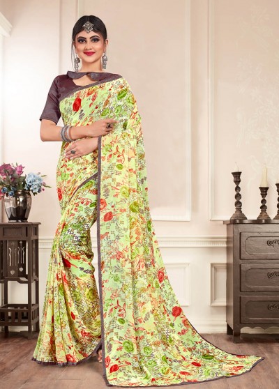 Green Silk Floral Printed Saree with Border  