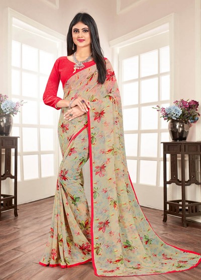 Beige Silk Floral Printed Saree with Border
