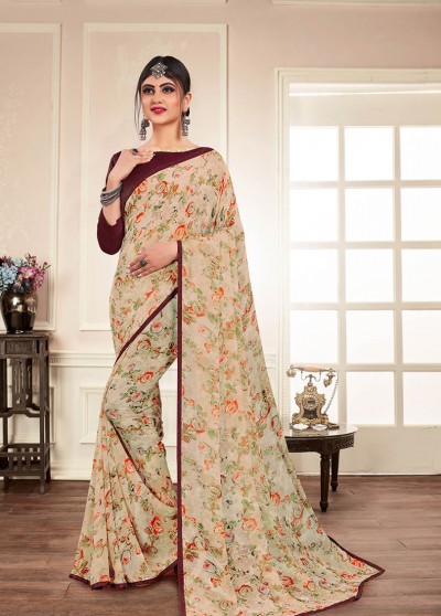 Beige Silk Floral Printed Saree with Border 