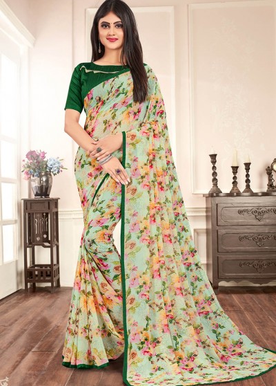 Green Silk Floral Printed Saree with Border 