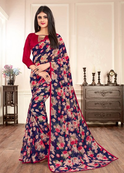 Blue Silk Floral Printed Saree with Border 