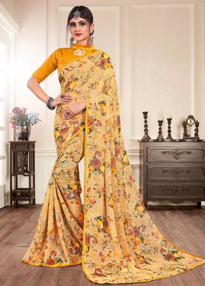 Yellow Silk Floral Printed Saree with Border