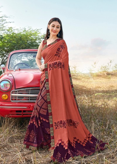Coral Silk Printed Saree With Border Embellishments