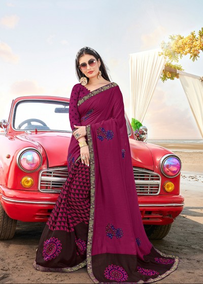 Pink Silk Printed Saree with Border, Embellishments 