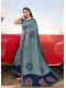 Blue Silk Printed Saree with Border, Embellishments 