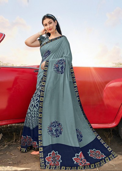 Blue Silk Printed Saree with Border, Embellishments 