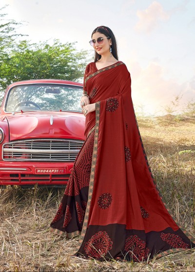 Maroon Silk Printed Saree With border Embellishments