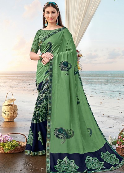 Green Silk Printed Saree with Border, Embellishments 