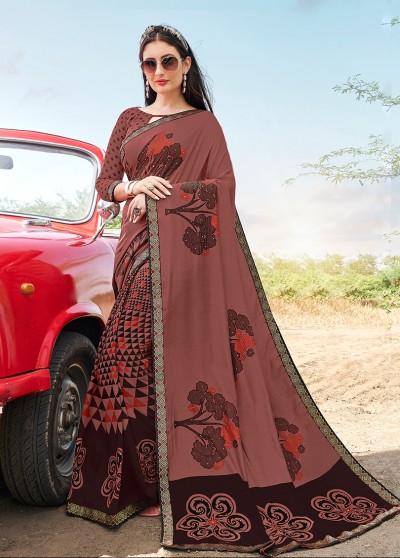 Copper Silk Printed Saree with Border, Embellishments 