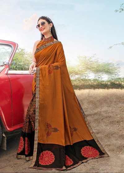 Rust Orange Silk Printed Saree with Border, Embellishments 