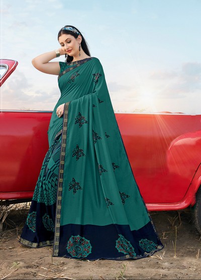 Teal Green Silk Printed Saree with Border, Embellishments 