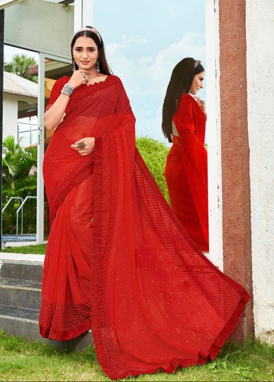 Red Shahi Chiffon Designer Printed Saree with Border & Embellishments