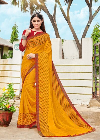 Yellow Shahi Chiffon Designer Printed Saree with Border & Embellishments
