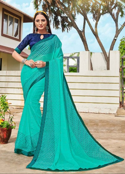Blue Shahi Chiffon Designer Printed Saree with Border & Embellishments