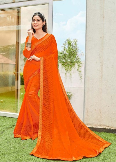 Orange Shahi Chiffon Designer Printed Saree with Border & Embellishments