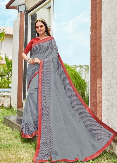 Grey Shahi Chiffon Designer Printed Saree with Border & Embellishments